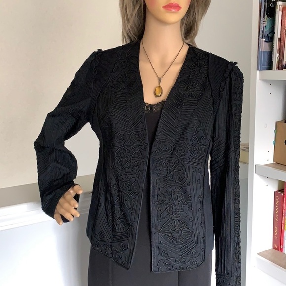 Kobi Halperin embroidered textured open‎ blazer jacket luxury M black KF7J04-17 - Picture 1 of 16